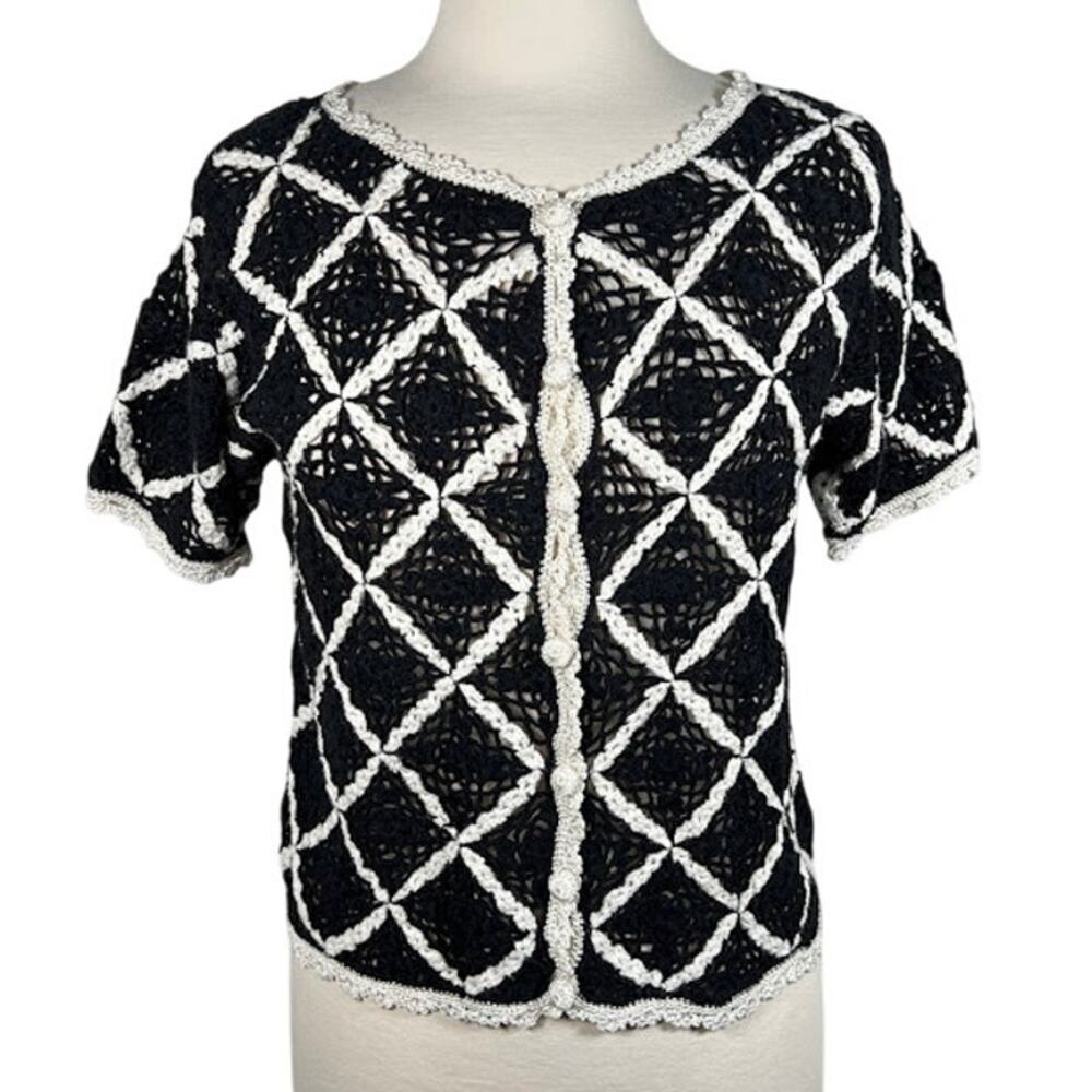 Worthington Women's Black and White Crochet Knit Cardigan S Short Sleeve